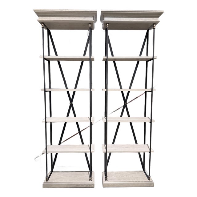 Pair of Restoration Hardware French Library Oak & Iron Open Shelving Étagères For Sale
