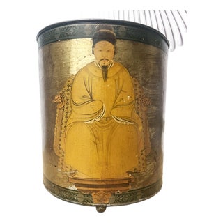 Mid-20th Century Chinoiserie Tole Waste Bin W/Decoupage Decor For Sale