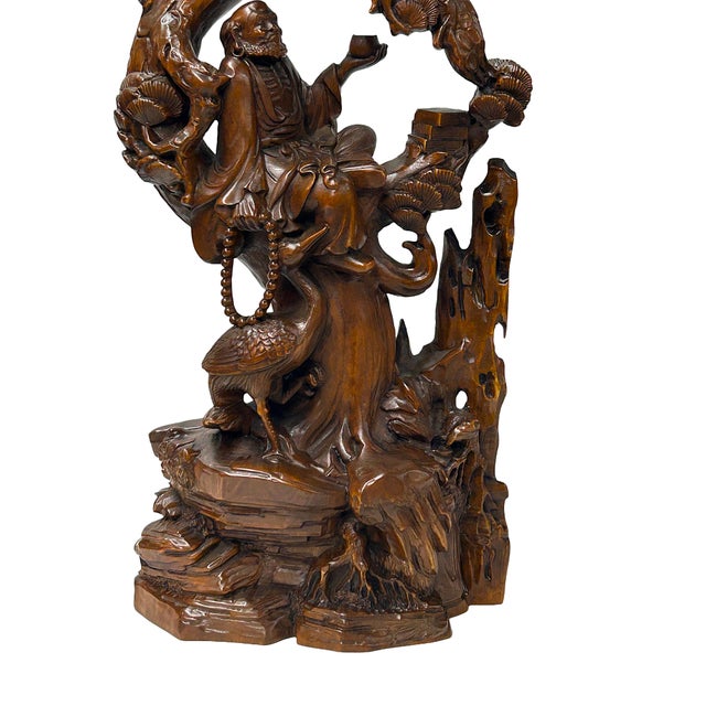Wood Legendary Sage Damo Bodhidharma on Pine With Crane Wood Art Figure For Sale - Image 7 of 9