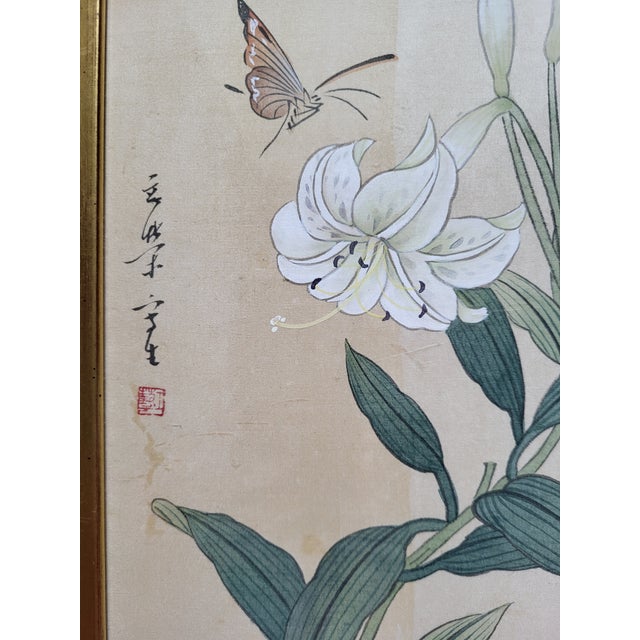 Traditional Asian Style Butterfly & Lily Framed Art Print For Sale - Image 3 of 4