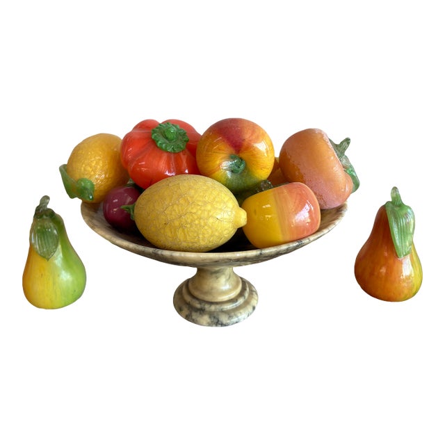 1960s Italian Alabaster Bowl With Glass Fruit- 15 Pieces For Sale
