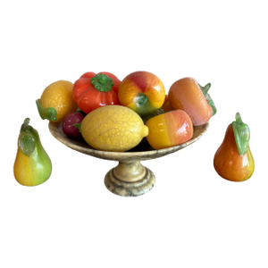 1960s Italian Alabaster Bowl With Glass Fruit- 15 Pieces