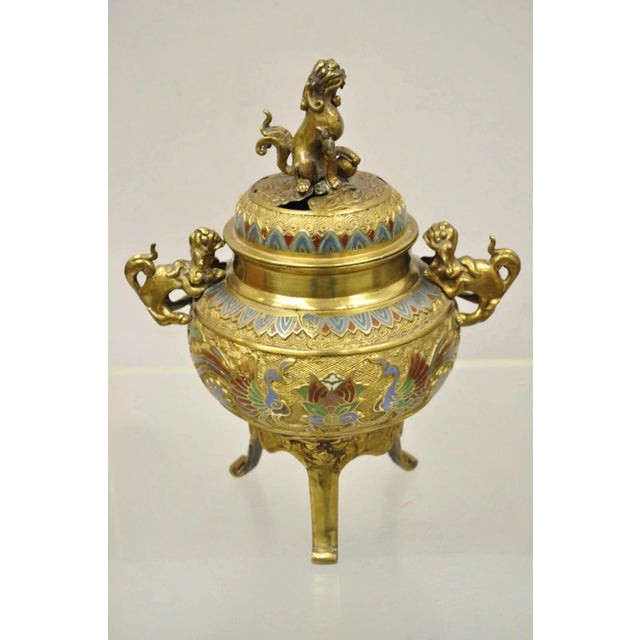Vintage Japanese Cloisonne Enamel Champleve Bronze Foo Dog Incense Burner For Sale - Image 12 of 12