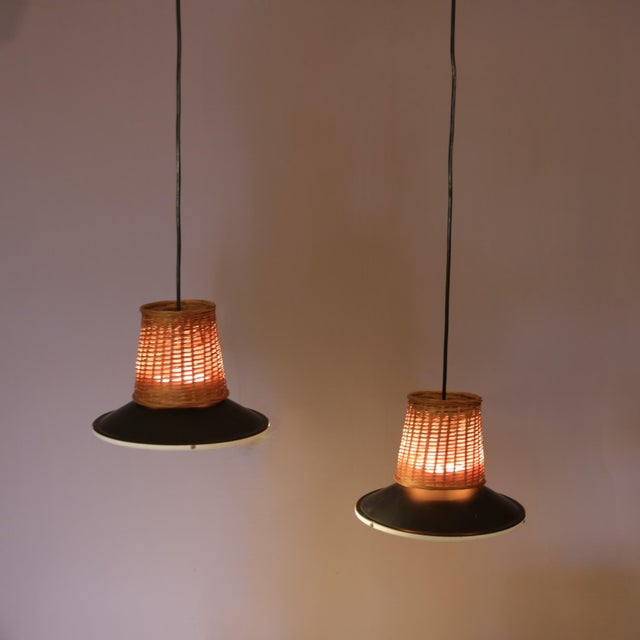 Hanging Lamps in Wicker, Black Metal, and Glass, 1950s, Set of 2 For Sale - Image 4 of 9