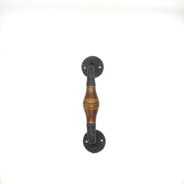 2020s Hand-Forged Wrought Iron Door Pull (Wood Grip & Gold Patina) Deep Curved Entry Hardware For Sale - Image 5 of 5