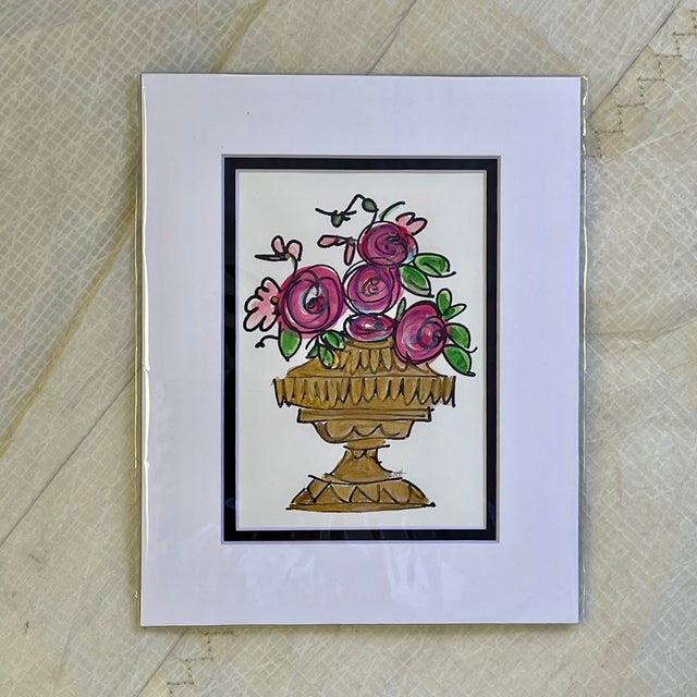THINK PINK Blushing pink floral bouquet in a whimsical gold planter (ink, pencils, and acrylic paint artwork)....