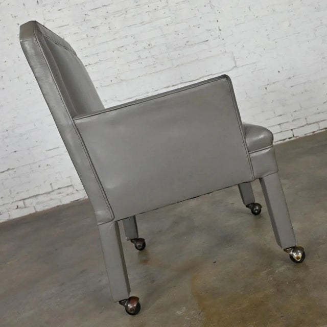 1980s Modern Gray Faux Leather Modified Parsons Style Armed Accent Chair on Casters For Sale - Image 5 of 17