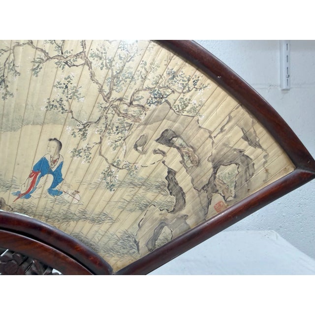 Chinese Antique Early 1800's Chinese Qing Dynasty Hand Painted Hand Fan Carved Wood Base For Sale - Image 3 of 18