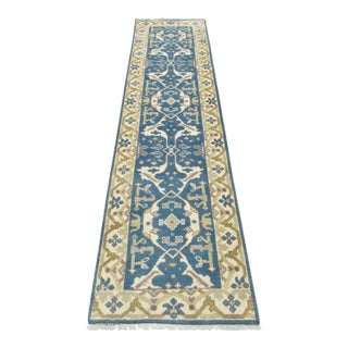 Oushak Runner 2’7” X 9’10” Blue Wool Tribal Hand-Knotted Oriental Rug For Sale