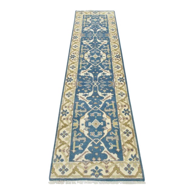Oushak Runner 2’7” X 9’10” Blue Wool Tribal Hand-Knotted Oriental Rug For Sale