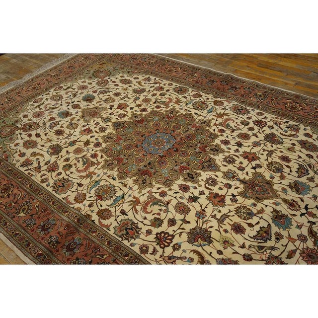 Textile 1940s Beige Mid Century Modern Medallion Tabriz Handknotted Silk Highlights Rug For Sale - Image 7 of 7