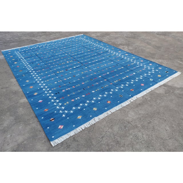 Mid-Century Modern Handmade Cotton Flat Weave Reversible Indigo Blue Shooting Star Area Rug - 12'x15' For Sale - Image 3 of 11