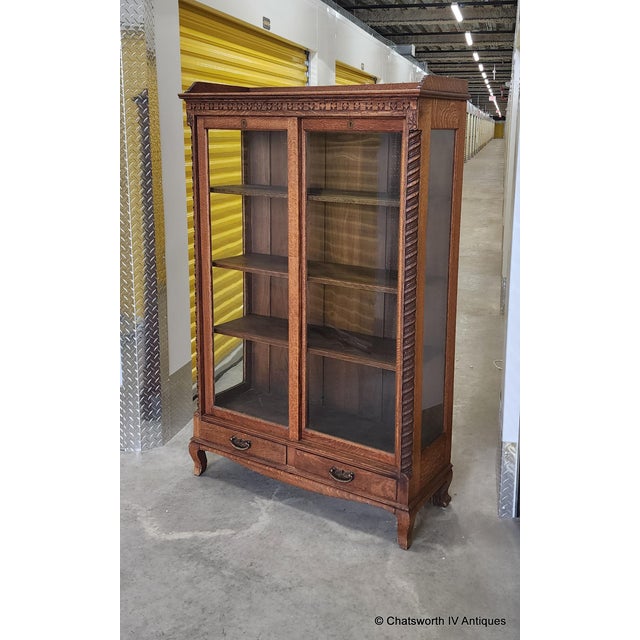 Brown Antique Carved Quartered Oak Paine's Furniture Sliding Glass Door Bookcase C1890-1910 For Sale - Image 8 of 18