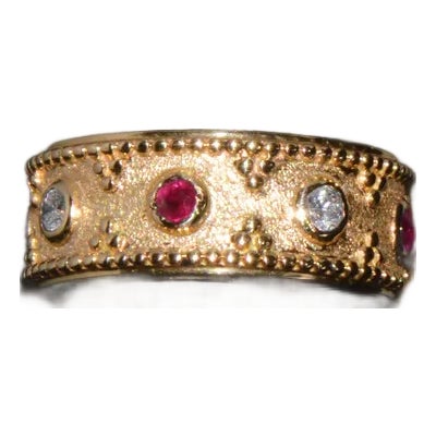 Gorgeous Natural Diamond Ruby 18K Solid Gold Byzantine Beaded Greek Ring Stacking Band, size 5.75 For Sale