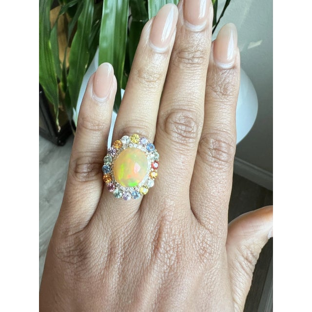 9.65 Carat Opal Sapphire Diamond Yellow Gold Cocktail Ring Size 7 For Sale In Los Angeles - Image 6 of 6