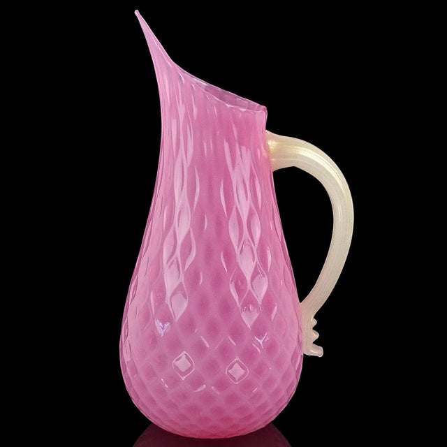 Beautiful and large, vintage Murano hand blown opalescent pink and gold flecks Italian art glass pitcher / flower vase. It...