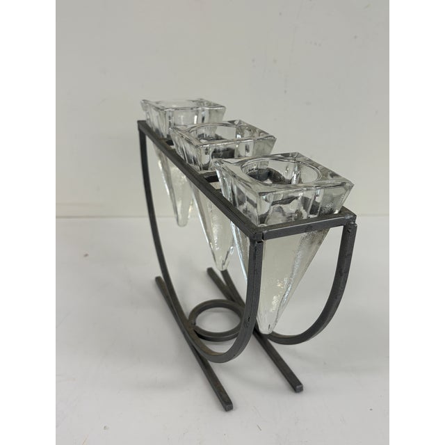 Vintage 1980s Brutalist Iron & Crystal Triple Votive Candle Holder Candelabra For Sale - Image 4 of 12