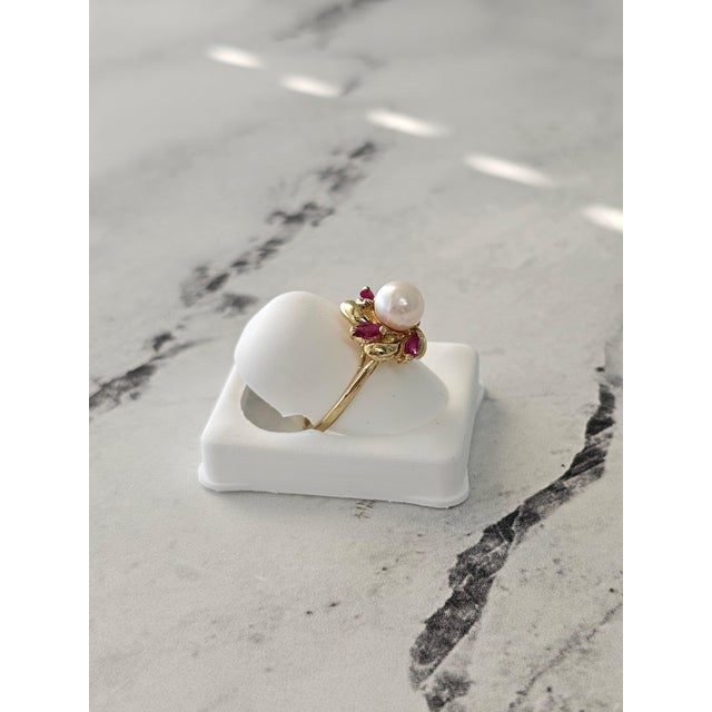 2020s Pearl Center with Marquise Ruby Accent Ring 14k Yellow Gold, Size 4 For Sale - Image 5 of 5