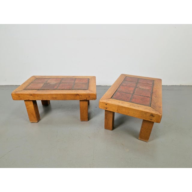 Roger Capron Brutalist Oak Side Tables with Terracotta Tiles, 1950s, Set of 2 For Sale - Image 4 of 12