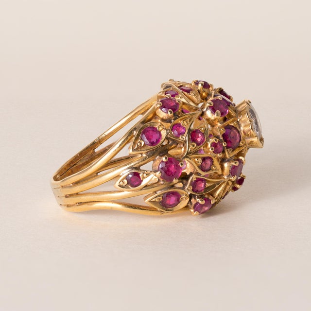 Vintage 21k Gold Ruby and Diamond Dome Cocktail Ring, Size 6.75 For Sale - Image 4 of 4