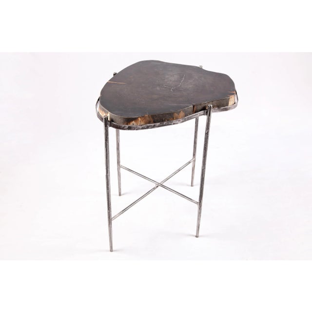 Living Edge Petrified Wood Top W Iron Stand Accent Table or Side Table 45 For Sale - Image 4 of 5