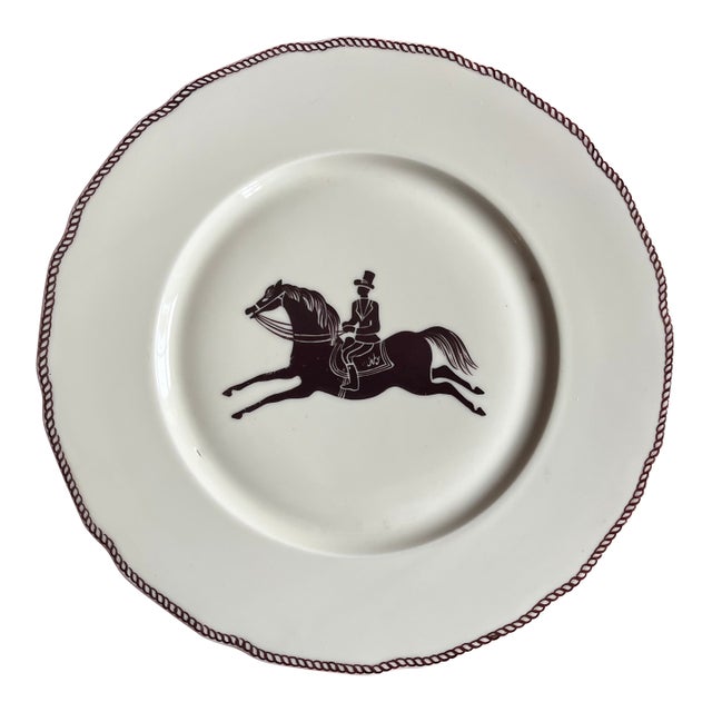 Large French Paris Porcelain Art Deco Charger Plate With Equestrian Silhouette of Horse & Rider Manner of Gio Ponti Signed Primavera For Sale
