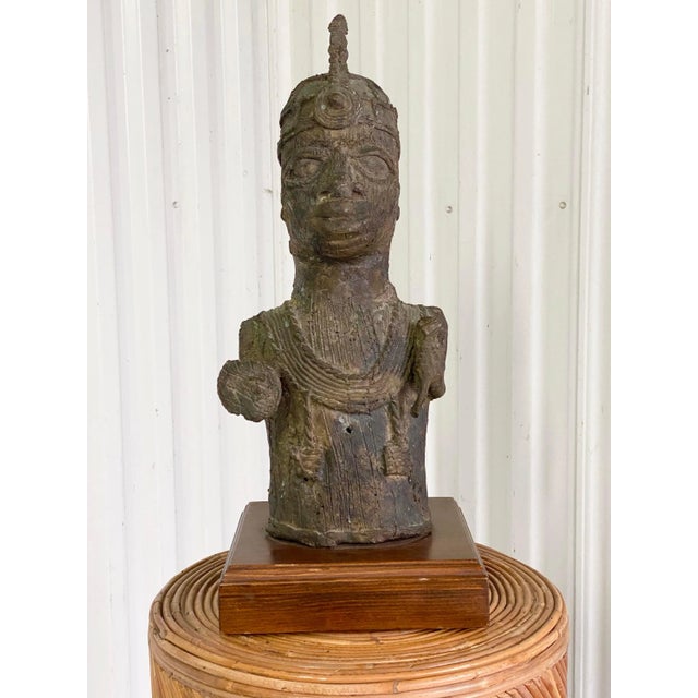 Vintage African Benin-Style Bronze Royal Bust Sculpture For Sale - Image 9 of 14