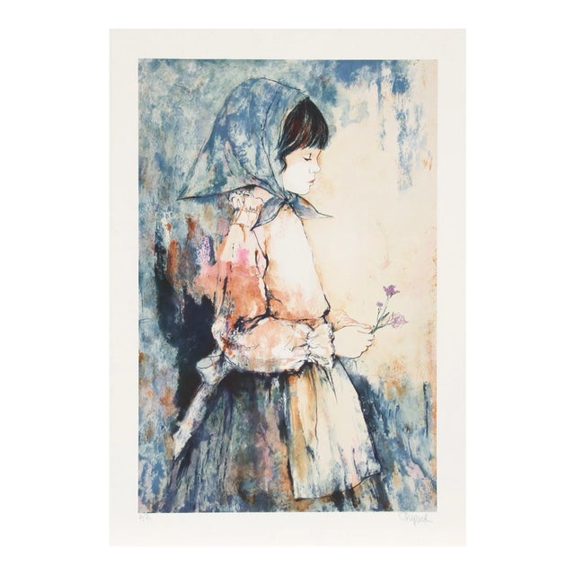 Girl Holding Flowers, Richard Shepard Lithograph For Sale