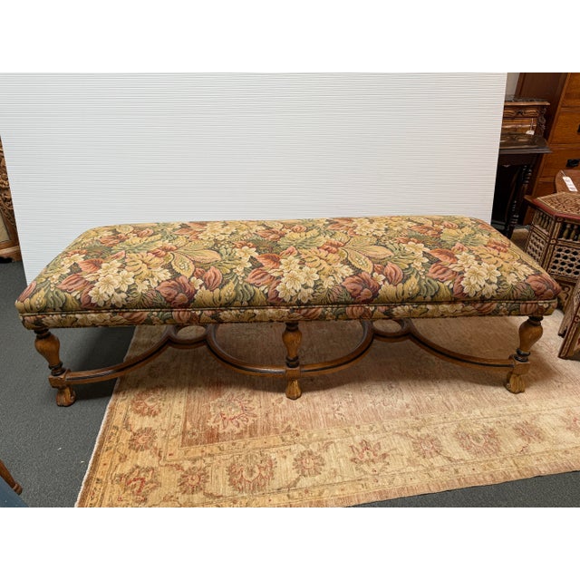 French Country Walnut Bench With Woven Floral Upholstery For Sale - Image 10 of 12