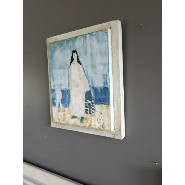 1976 Modernist 'Seaside Stroll' Vintage Mini Swedish Original Figurative Oil Painting, Framed For Sale - Image 4 of 12