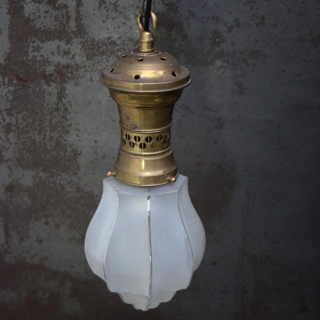 Metal French Art Deco Etched Glass and Gilt Brass Pendant Lamp, 1920s For Sale - Image 7 of 10