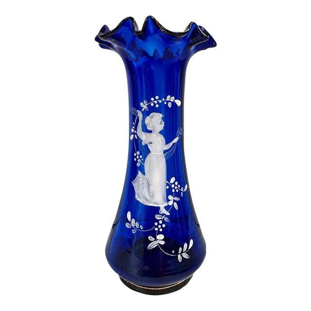 Vintage Mary Gregory Style Cobalt Blue Glass Vase With Ruffled Rim For Sale