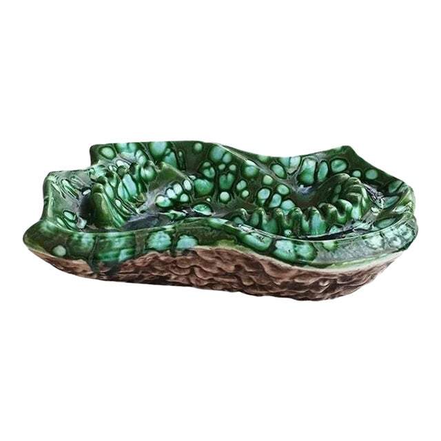 Monumental Mid Century Modern Ceramic Malachite Look Green Ashtray or Catchall For Sale