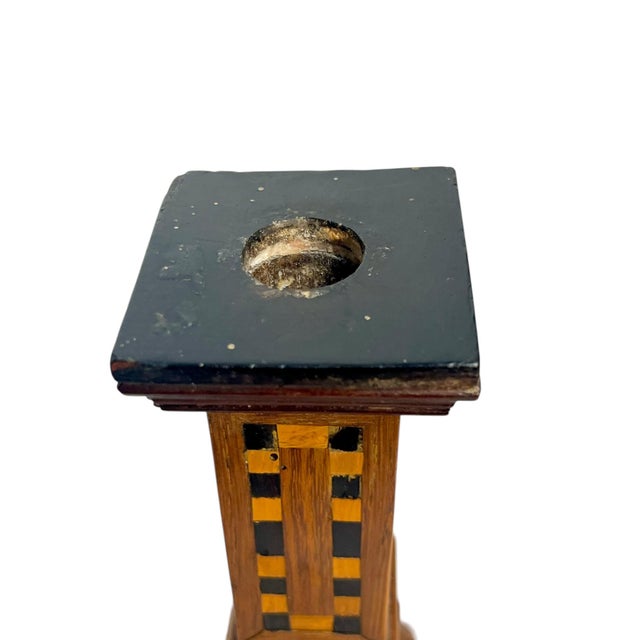 Pair Antique Italian Marquetry Inlaid Wood Candlestick Holders With Octagonal Base For Sale - Image 6 of 18