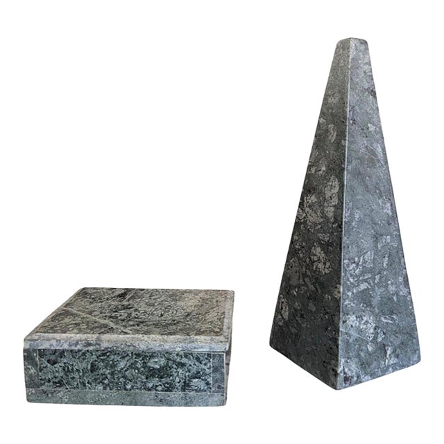 Vintage Neoclassical Postmodern Green Marble Obelisk and Decorative Box- Set of 2 For Sale