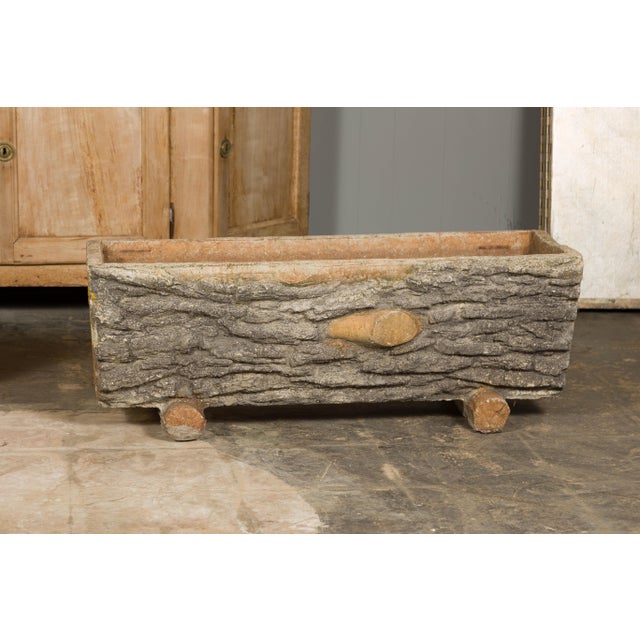 Sculpture Materials Rustic Pair of Faux Bois Midcentury Trough Shaped Concrete Planters, circa 1930 For Sale - Image 7 of 12