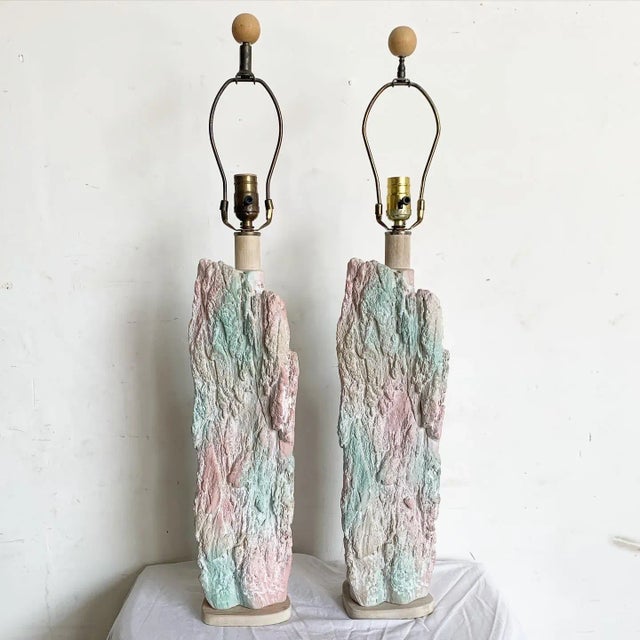 Postmodern Postmodern Brutalist Pink and Green Faux Stone Three Way Table Lamps - a Pair For Sale - Image 3 of 10