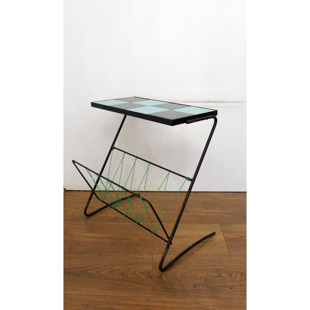 Mid-Century Modern Small Mid-Century Side Table with Magazine Rack and Earthenware Checkerboard Top, 1950s For Sale - Image 3 of 10