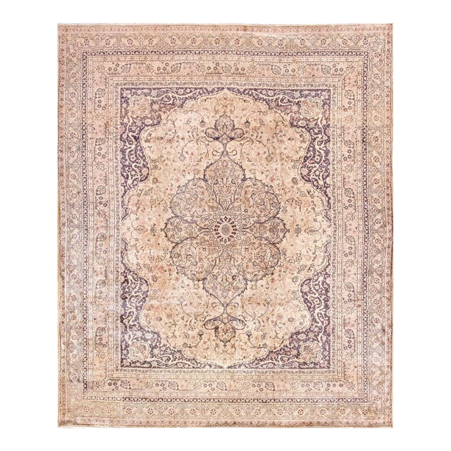 1920s Ivory Medallion Antique Turkish Formal Sivas Rug 8' X 9'9" Hand Knotted Wool Carpet For Sale