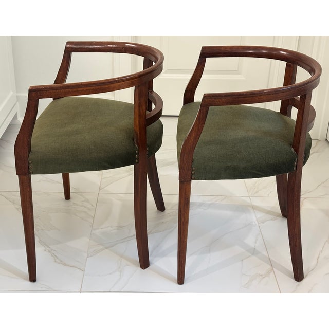 Wood Petite Scale Mid-Century Italian Walnut Horseshoe Rail Back Armchairs - A Pair For Sale - Image 7 of 18