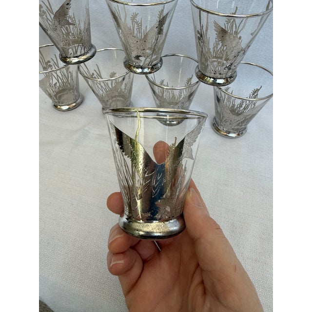 Georges Briard Mid 20th Century Barware Rockwell Silver Glass Ducks & Reeds Sterling Silver Overlay Set of 25 With Platter and Pitcher For Sale - Image 4 of 12