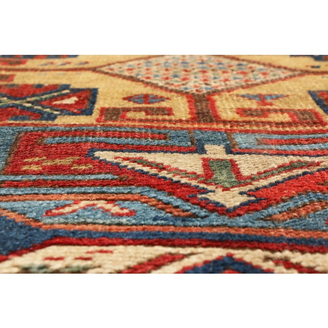 Antique Kazak Blue and Beige Geometric Wool Runner For Sale - Image 4 of 7