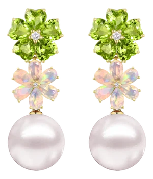 Nina Zhou 8.38ctw Island Blossoms Peridot, Opal, Diamond & Pearl Convertible Drop Earrings