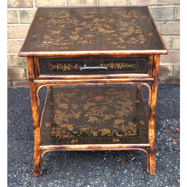Theodore Alexander Late 20th Century Theodore Alexander Black Japanned and Ornate Bamboo Single Drawer Tier Side Table For Sale - Image 4 of 18