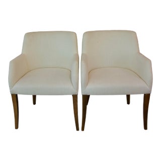 Pair of Bright Chair Maria Arm Chairs in Jane Churchill Darwin Cream With Natural Walnut Legs For Sale