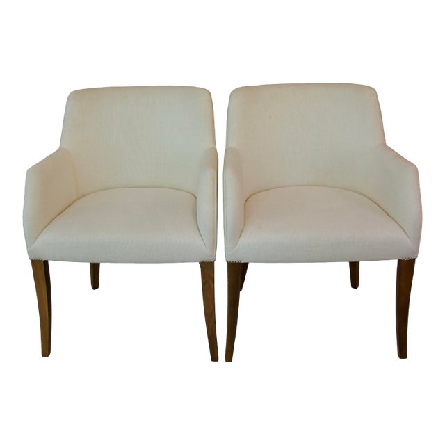 Pair of Bright Chair Maria Arm Chairs in Jane Churchill Darwin Cream With Natural Walnut Legs For Sale