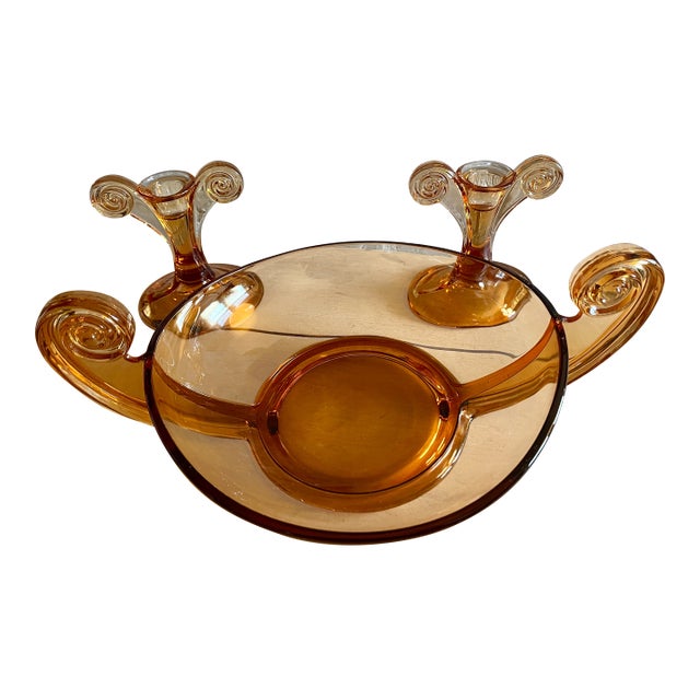 Fostoria Art Deco Pink Scroll Console Bowl With Pair of Candlestick Holders - 3 Piece Antique Set Glass Set Circa 1920-30 For Sale