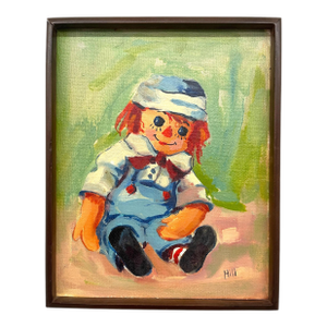 Vintage Raggedy Ann-Style Doll Portrait Painting on Grumbacher Canvas Board, Signed “Hill”