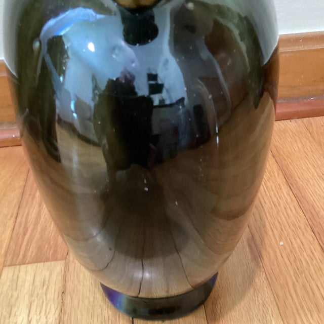 Dark Green Mid Century Baluster Porcelain Ceramic Glazed Crackle Deep Green Vase With Molded Handles Oriented Style For Sale - Image 8 of 12