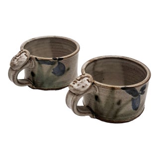 1990s Studio Pottery Face Artisan Mugs With Wabi-Sabi Glaze Signed - a Pair For Sale